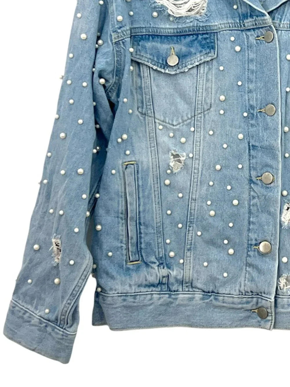 Free People Sunday Funday Pearl Distressed Denim Trucker Jacket Small Pre-Loved - Picture 2 of 7